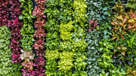 A visually stunning vertical garden featuring various plants and foliage, perfect for adding a touch of nature to any space with its vibrant colors and textures.の素材