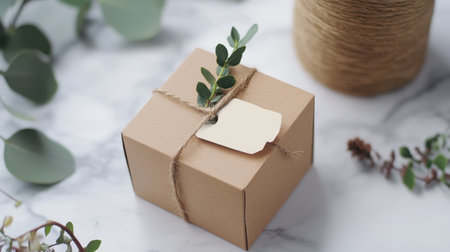 A charming brown gift box adorned with twine and a blank tag, set against a marble background with greenery, ideal for minimalist and eco-friendly gifting occasions.の素材