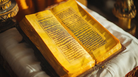 This image features an ancient manuscript with elaborate yellow pages, resting on a soft surface. The warm light enhances its intricate details, inviting exploration and appreciation.の素材