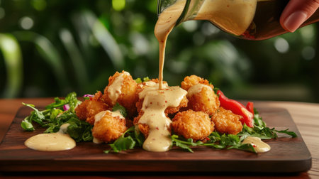 A delicious plate featuring crispy bites drizzled with creamy sauce on a bed of fresh greens, perfect for showcasing culinary creativity in a vibrant setting.の素材