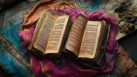 A pair of vintage open books with yellowed pages and intricate handwritten text lies atop colorful fabric, creating a vivid backdrop that showcases the beauty of historical literature.の素材