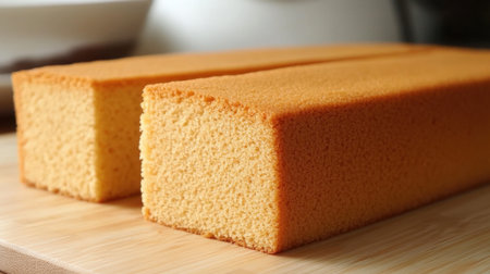 Rectangular slices of freshly baked sponge cake, showcasing a golden and fluffy texture. Ideal for desserts, celebrations, or simple enjoyment on a wooden surface.の素材
