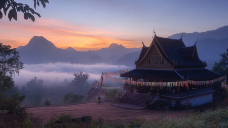 A tranquil scene featuring a traditional temple against a backdrop of misty mountains at sunrise. The soft colors create a peaceful atmosphere ideal for nature lovers.の素材