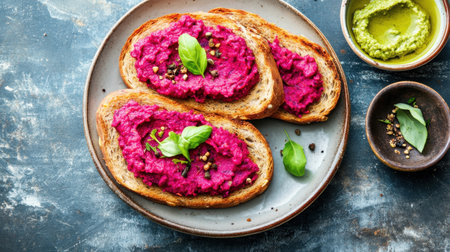 This vibrant image features toast topped with beetroot spread, garnished with fresh basil, alongside a creamy green dip, perfect for a healthy snack or meal option.の素材