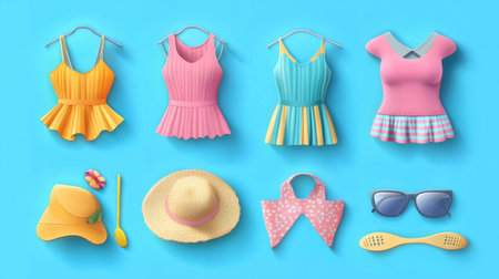 A vibrant collection of colorful summer tops, sunglasses, and beach accessories displayed against a bright blue background, perfect for cheerful seasonal marketing.の素材