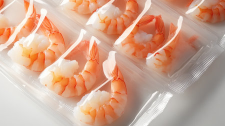 A stunning display of freshly prepared shrimp in clear packaging, ideal for gourmet dishes. Perfectly cooked and peeled for your culinary needs and elegant presentations.の素材