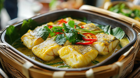 Indulge in this exquisite steamed fish dish, featuring aromatic spices and herbs, beautifully presented in a traditional serving dish, ideal for food lovers and chefs.の素材