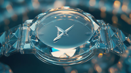 This stunning close-up showcases an elegant crystal watch, featuring a unique geometric design that captures the light with perfect reflections and exquisite detail.の素材