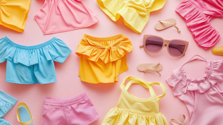 This image displays a vibrant array of summer clothing, including colorful tops, bottoms, and stylish accessories, showcasing a fun and playful seasonal fashion theme.の素材