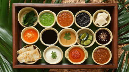 Explore a vibrant collection of traditional Indian condiments arranged beautifully in small bowls on a wooden tray, perfect for enhancing any meal with rich flavors and colors.の素材