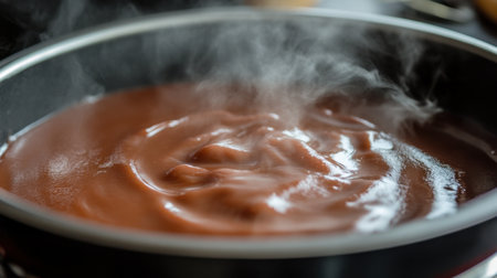 Warm chocolate sauce simmers gently in a pan, creating a cozy atmosphere perfect for homemade desserts. Ideal for toppings, fondues, and indulgent treats.の素材