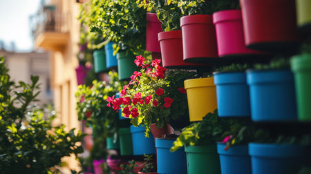 A stunning display of colorful flower pots creates a vibrant vertical garden, transforming an urban space into a lively oasis filled with blooms and greenery.の素材