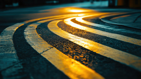 A mesmerizing view of a curved road during sunset, showcasing vibrant yellow lines that reflect the warm glow. This image captures the essence of urban serenity and dynamic design.の素材