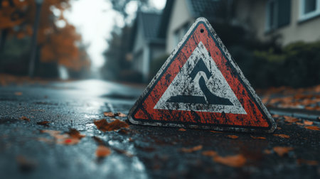 A caution sign rests on a wet street covered with autumn leaves while blurred residential houses loom in the background, creating a moody, atmospheric view of urban safety.の素材