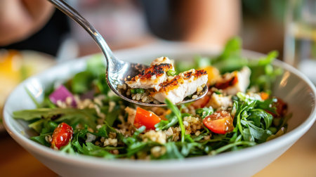 Vibrant and nutritious salad featuring grilled chicken, fresh vegetables, and quinoa, showcasing a delightful blend of flavors and textures perfect for health enthusiasts.の素材