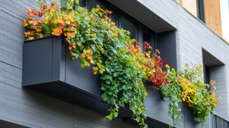 Colorful flower boxes filled with vibrant foliage adorn the facade of a modern building, creating a stunning visual contrast between nature and urban architecture.の素材