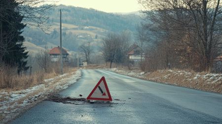 A striking image of a warning sign marking a downhill section on a quiet, abandoned road in a winter landscape, showcasing natureの素材