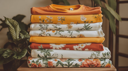 A visually striking arrangement of colorful t-shirts stacked neatly, showcasing vibrant floral patterns against a warm and inviting indoor setting. Perfect for fashion inspiration.の素材