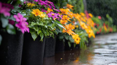 A captivating display of colorful blooming flowers in pots lining a wet ground, showcasing beauty in nature with raindrops accentuating vibrant petals for garden themes.の素材