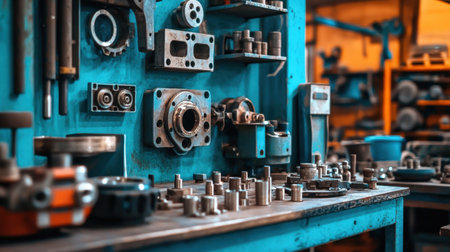 A vibrant industrial workshop scene showcasing various tools and equipment arranged on a blue workbench, illustrating the dynamic environment of construction and repair work.の素材