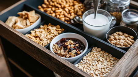 This image showcases a delightful display of healthy snacks including granola, nuts, and oatmeal set in a wooden tray, ideal for a nutritious breakfast or light meal.の素材