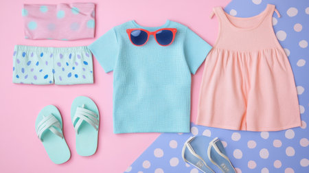 A vibrant arrangement showcasing a stylish summer outfit for kids, featuring a dress, t-shirt, shorts, sunglasses, and footwear on a playful polka dot background. Perfect for warm weather fun!の素材