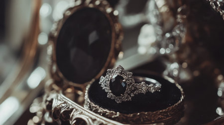 This exquisite vintage ring features a stunning black gemstone, beautifully crafted with intricate details, set against a backdrop of ornate antique decor, perfect for showcasing elegance and luxury.の素材