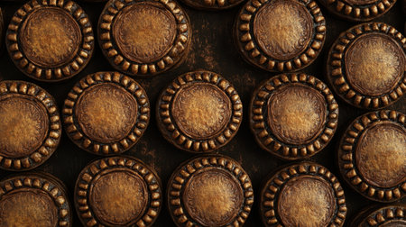 A stunning arrangement of decorative circular elements showcases intricate patterns in a rich golden finish, ideal for enhancing various artistic projects or as stylish background options.の素材