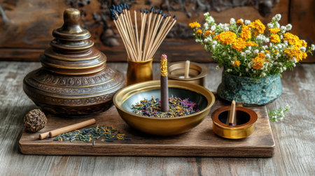 A serene arrangement featuring various natural elements, incense sticks, colorful flowers, and herbs, perfect for creating calming atmospheres in meditation or home decor.の素材