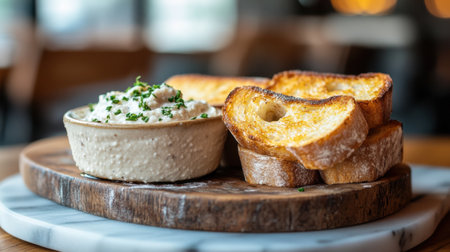 Indulge in a delightful serving of freshly toasted bread paired with a creamy dip, perfect for sharing in a cozy restaurant ambiance, ideal for appetizer or gourmet meal.の素材