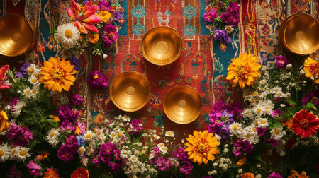 A stunning overhead view of golden bowls surrounded by vibrant flowers on a richly patterned textile, perfect for cultural events, celebrations, and tranquil settings.の素材