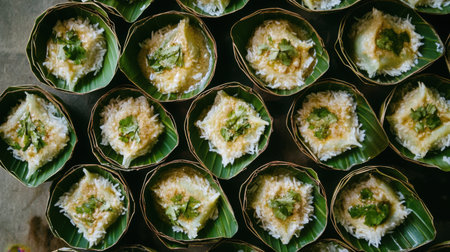 Delight in the beauty of traditional Asian steamed coconut cake presented in charming leaf cups, showcasing a rich texture and fresh ingredients, perfect for any occasion.の素材