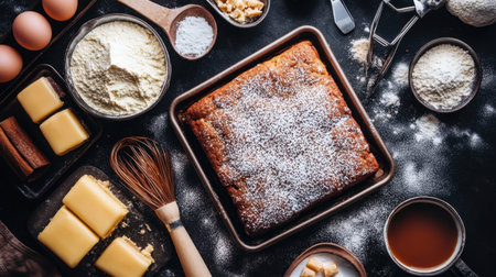 A rich dessert cooling on a rustic countertop surrounded by essential baking ingredients, showcasing the art of homemade pastry preparation in a charming kitchen environment.の素材