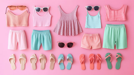 Bright and cheerful summer fashion flat lay featuring colorful tops, shorts, sandals, and sunglasses arranged aesthetically on a pink background. Perfect for seasonal lifestyle themes.の素材
