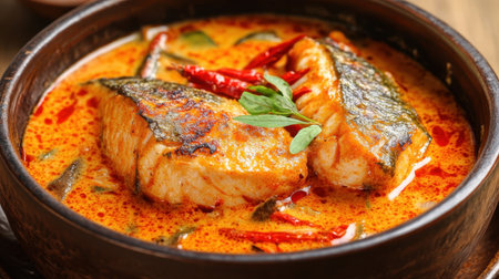 Savory fish stew featuring succulent pieces of fish cooked in a rich broth with vibrant chili peppers and fresh herbs, offering a delightful culinary experience.の素材
