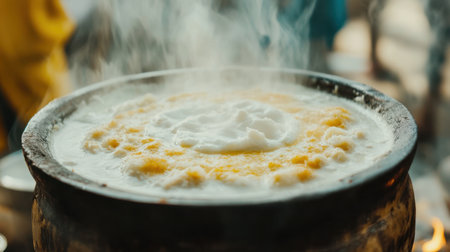 A steaming pot of creamy porridge with fluffy foam illustrates rich culinary traditions, inviting warmth and delicious taste perfect for shared moments and breakfasts.の素材