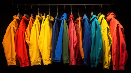 A striking display of colorful jackets hanging elegantly on a rack against a dark background, perfect for showcasing seasonal trends in fashion and the diversity of outerwear styles.の素材