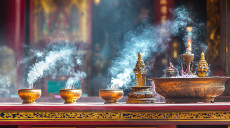 Explore a serene temple scene featuring burning incense, with soft smoke rising from ornate bowls, creating a tranquil atmosphere for meditation and spiritual reflection.の素材