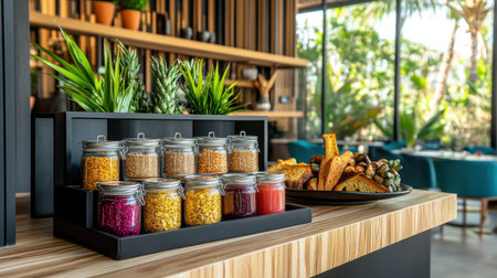 A modern dining setup featuring colorful jars of cereals and toppings on a wooden table, surrounded by lush tropical plants and an inviting restaurant ambiance.の素材