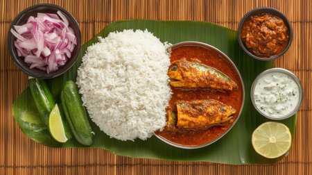 A vibrant Indian meal showcasing fish curry with rice, fresh vegetables, and dips on a banana leaf. Perfect for food enthusiasts and culinary exploration.の素材