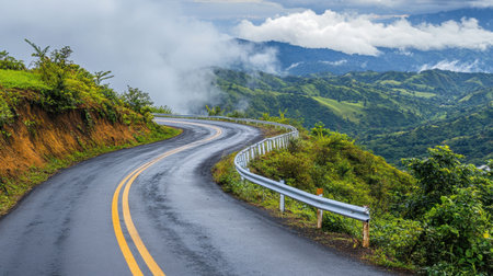 A captivating view of a winding road surrounded by vibrant greenery and hills, creating a serene atmosphere perfect for nature lovers and travelers seeking adventure.の素材