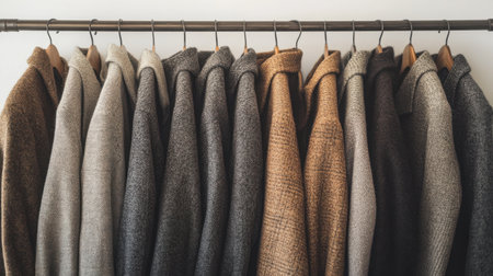 This image showcases a collection of stylish jackets and coats hanging gracefully on a rod, featuring earthy tones and rich textures suitable for a trendy wardrobe.の素材