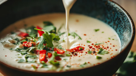 A close-up of a warm creamy soup featuring fresh herbs and spices, garnished with vibrant sliced chili peppers and cilantro for a delicious culinary experience.の素材