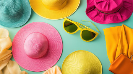 Discover a lively arrangement of colorful summer accessories including vibrant hats, stylish sunglasses, and elegant scarves set against a refreshing light blue background.の素材