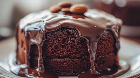 A stunning chocolate cake drizzled with rich ganache and topped with almonds, ideal for special occasions and a delightful dessert choice for everyone.の素材