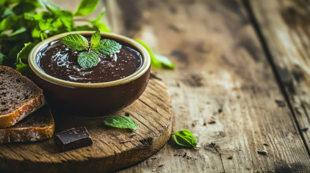 A rich and creamy homemade chocolate spread presented in a rustic bowl, enhanced with fresh mint leaves, perfect for topping slices of bread on a charming wooden board.の素材