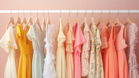 This image features a stunning array of dresses in various styles and colors, showcased on a rack. The soft pink background enhances the elegant design and fashion inspiration.の素材