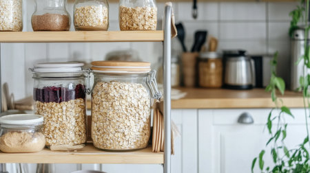 Bright and inviting kitchen scene featuring glass jars filled with oats and various ingredients, emphasizing a modern and functional aesthetic ideal for culinary enthusiasts.の素材