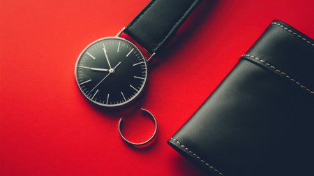 A stylish black watch paired with a leather wallet and a silver ring, showcased on a bold red backdrop, perfect for conveying elegance and modernity in lifestyle photography.の素材
