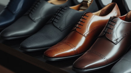 A stylish assortment of high-quality dress shoes in various colors and designs, ideal for adding elegance to any man's wardrobe for formal occasions and professional settings.の素材